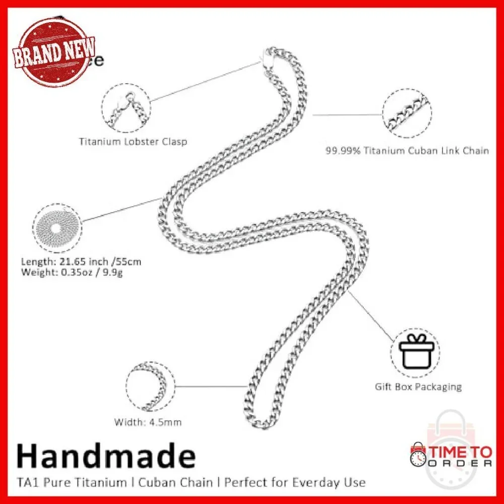 4.5mm Pure Titanium Cuban Link Chain Necklace 55cm Unisex Gift